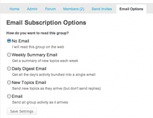 Email Options on settings page